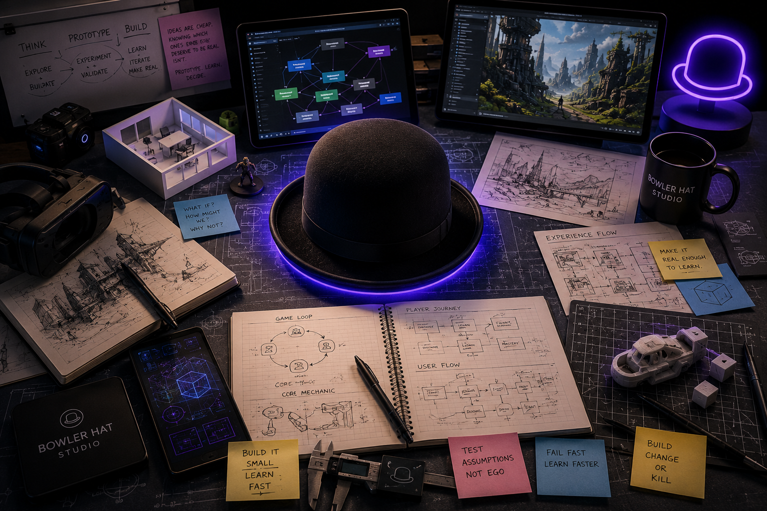 Bowler Hat Studio thinking desk: sketches, node graphs, a glowing bowler hat, and prototype artifacts